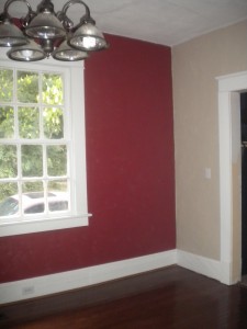 Red and beige dining room. I love these colors!
